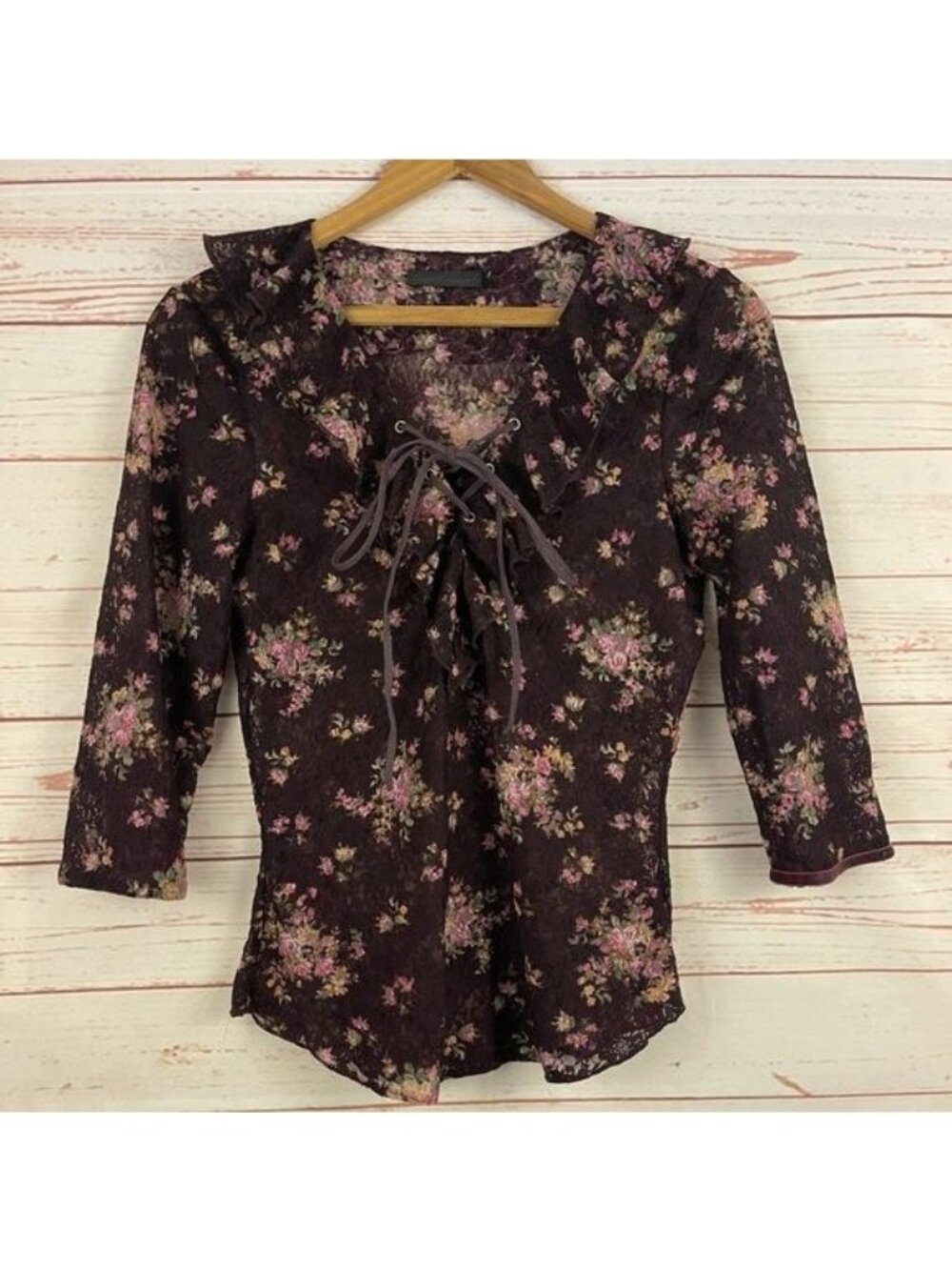 Guess Connection Sheer Lacey Brown & Pink Floral Top Sz Small